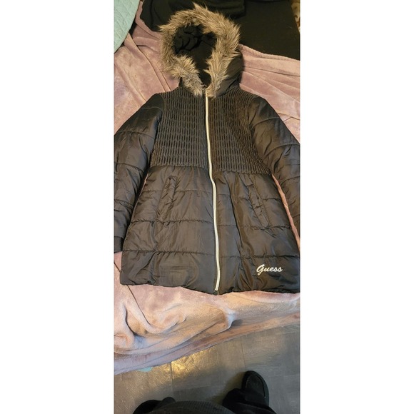 Guess Other - Guess Girls Black Puffer Parka Jacket Faux Fur Hood Smocked Size M 10-12